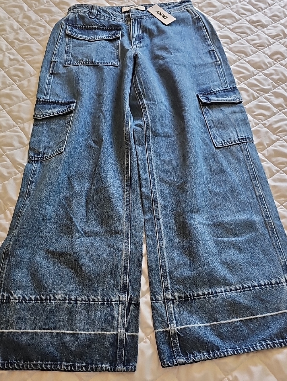 DKNY Wide-Leg Cargo Denim Trousers in Light Blue